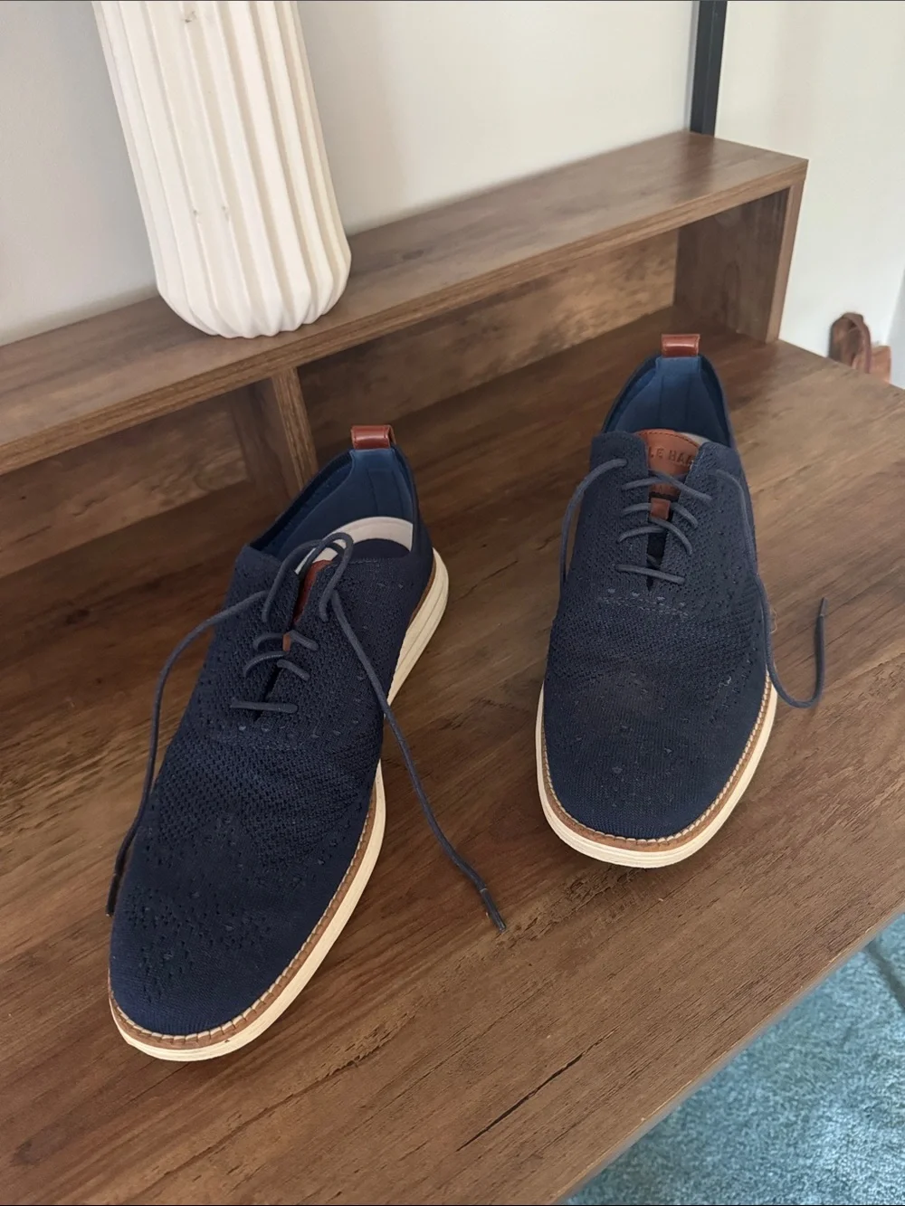 Cole Haan Navy Knit Lace-Up Oxfords with Tan Pull Tabs
